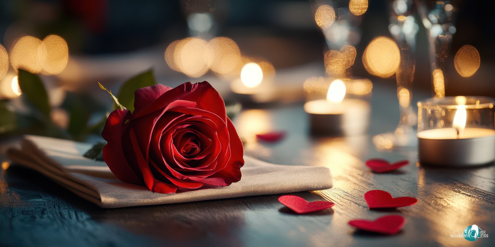 Romantic dining setup with rose and candles creating a warm atmosphere for an intimate evening